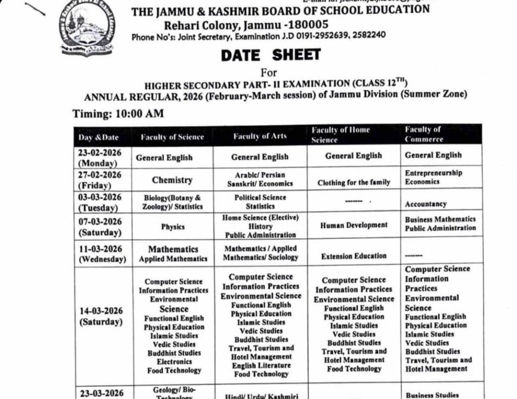 JKBOSE 12th Date Sheet 2026 Jammu