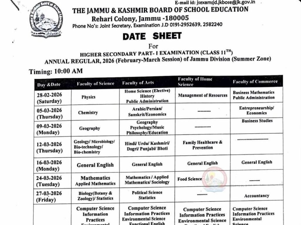 JKBOSE 11th Date Sheet 2026 Jammu